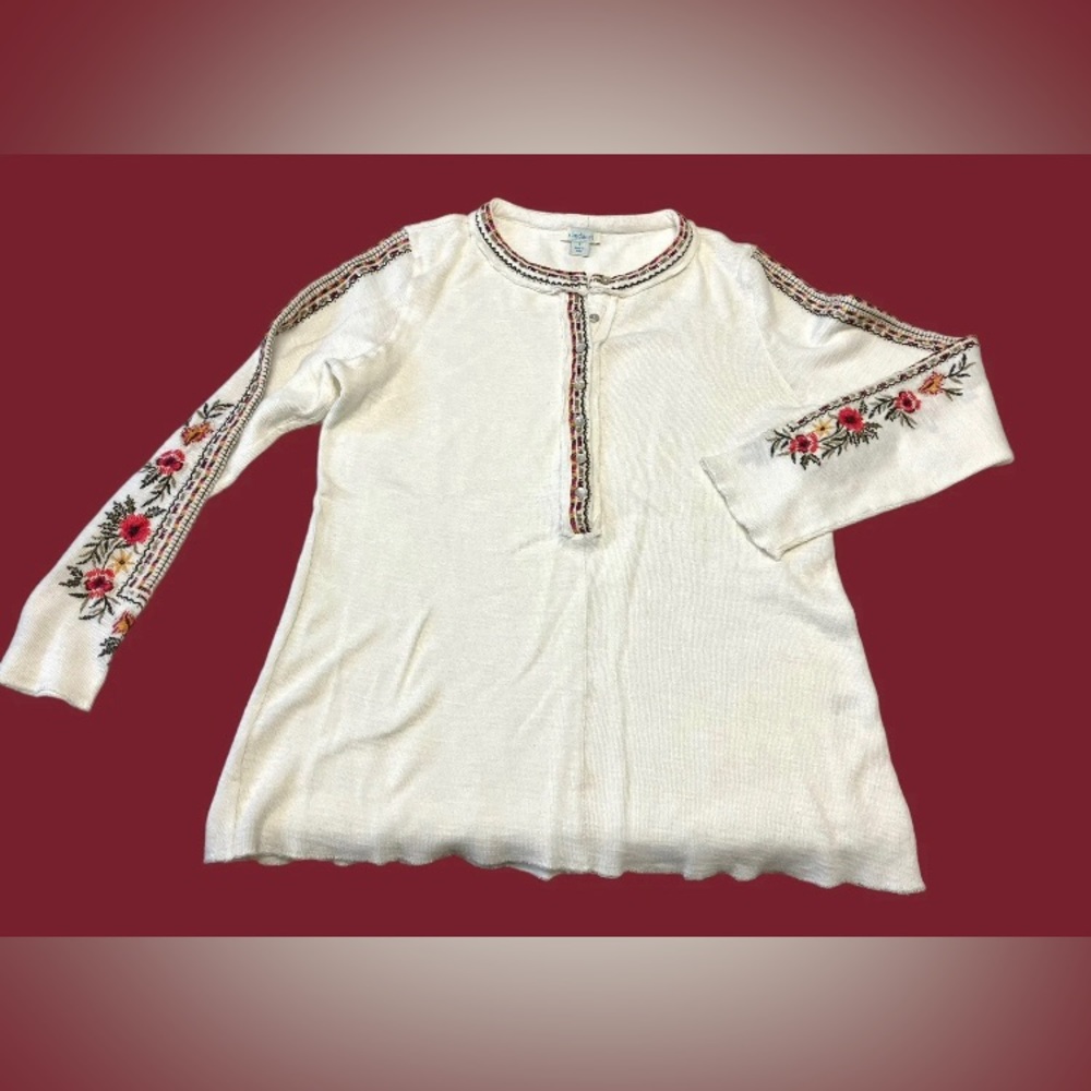 Sundance Off White Embroidered Long Sleeve 1/2 Button Cotton Size Small